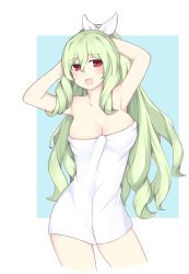 1girl :d absurdres armpits arms_behind_head arms_up bare_shoulders blush breasts choujigen_game_neptune_mk2 cleavage cowboy_shot female_focus green_hair hair_between_eyes hair_ribbon hakozaki_chika highres large_breasts long_hair looking_at_viewer naked_towel neptune_(series) open_mouth oyat ponytail red_eyes ribbon smile solo towel very_long_hair
