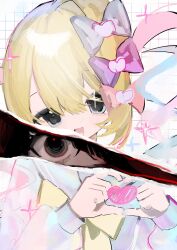 2girls :d ame-chan_(needy_girl_overdose) black_eyes black_hair blonde_hair blue_eyes blue_hair blue_serafuku blunt_bangs bow chouzetsusaikawa_tenshi-chan crazy_eyes diagonal_bangs dual_persona grid_background hair_bow heart heart_hands heart_in_heart_hands highres looking_at_viewer mika3kami multiple_girls multiple_hair_bows needy_girl_overdose open_mouth pink_hair red_light revealing_layer school_uniform serafuku smile sparkle torn_paper twintails