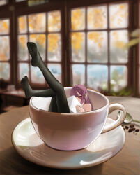 1girl alternate_size black_pantyhose blurry blurry_background blush coffee_beans commentary cup english_commentary feet girls&#039;_frontline girls&#039;_frontline_2:_exilium highres holding in_container in_cup indoors long_hair looking_at_viewer makiatto_(girls&#039;_frontline_2) mini_person pantyhose purple_hair red_eyes saucer smiley_(22412smiley) solo spoon sugar_cube toes wa2000_(girls&#039;_frontline) window
