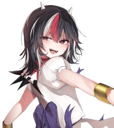absurdres back_bow black_hair bow commentary_request cone_horns dress hayuk0 highres horns kijin_seija long_hair multicolored_hair open_mouth puffy_short_sleeves puffy_sleeves purple_bow red_eyes red_hair short_sleeves simple_background small_horns smile streaked_hair touhou white_background white_dress white_hair white_horns