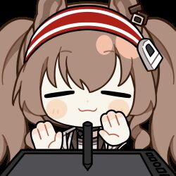 1girl :3 angelina_(arknights) animal_ears animated animated_gif arknights black_choker blush brown_hair chinese_commentary choker chunye_haruya closed_eyes commentary_request disembodied_hand dot_nose drawing_tablet earpiece fox_ears hairband infection_monitor_(arknights) long_hair lowres material_growth mundane_utility oripathy_lesion_(arknights) red_eyes red_hairband second-party_source solo striped_clothes striped_hairband stylus transparent_background twintails two-tone_hairband upper_body