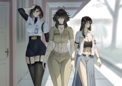 3girls abs absurdres antenna_hair arm_up arms_at_sides artist_name belt belt_buckle black_belt black_choker black_eyes black_garter_straps black_hair black_sports_bra black_thighhighs black_undershirt blue_skirt blurry blurry_background bracelet breast_pocket breasts brown_eyes brown_pants brown_shirt buckle building choker cleavage closed_mouth clothes_writing collarbone collared_shirt commentary covered_navel crop_top cropped_shirt dated day depth_of_field door ear_chain emblem english_commentary english_text expressionless eyelashes feet_out_of_frame garter_straps hair_ears hair_ornament hair_over_shoulder hairclip hand_on_own_head high-waist_skirt highres huge_breasts id_card jewelry large_breasts layered_sleeves light_blush linked_piercing long_hair long_skirt long_sleeves looking_ahead looking_to_the_side miniskirt mole mole_under_mouth multiple_girls muscular muscular_female name_tag navel necklace open_clothes open_shirt original outdoors panties pants panty_peek pencil_skirt piercing pink_panties pocket profanity see-through_clothes see-through_thighhighs shirt shirt_tucked_in short_hair short_over_long_sleeves short_sleeves side_slit skirt smile sports_bra sports_panties stomach straight-on taut_clothes taut_skirt thigh_gap thighhighs tight_clothes turtleneck turtleneck_shirt undershirt underwear underwear_writing walking watch white_shirt wide_hips wing_collar wristwatch zaenathi zettai_ryouiki