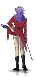 1boy absurdres beige_pants black_footwear boots clothes_lift commentary_request dark-skinned_male dark_skin disembodied_hand dynamax_band from_behind gloves hand_on_own_hip highres leon_(pokemon) long_hair long_sleeves male_focus nintendo pokemon pokemon_swsh purple_hair standing tailcoat white_background youchengyan