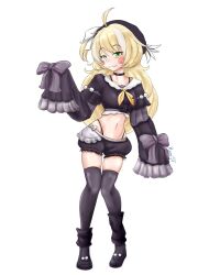 1girl black_boots black_choker black_hat black_shirt black_thighhighs blonde_hair blush boots bow bra bra_peek bra_strap breasts choker green_eyes hat highres inis_(vtuber) knees looking_at_viewer midriff navel panties panty_peek panty_straps runesolafrost shirt signature sleeves_past_fingers sleeves_past_wrists small_breasts socks_agency standing thighhighs underwear very_long_sleeves virtual_youtuber white_background white_streaks