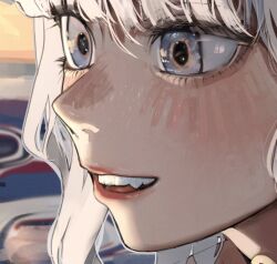 1girl abstract_background aqua_eyes blush close-up fang from_side hani_haya long_hair looking_ahead nose nose_blush open_mouth portrait solo teeth tongue upper_teeth_only white_hair