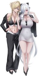 2girls absurdres bare_shoulders bikini black_bikini black_choker black_jacket black_pants black_shoes blonde_hair blue_eyes breasts cellphone cellphone_charm character_charm charm_(object) choker cinderella_(beautiful_me)_(nikke) cinderella_(nikke) cleavage closed_mouth collar collarbone commentary_request covered_navel dongtan_dress dress eyewear_hang formal_clothes full_body glasses goddess_of_victory:_nikke grave_(beautiful_you)_(nikke) grave_(nikke) grey_dress groin hair_between_eyes hair_intakes hair_over_one_eye hand_on_own_hip hands_up heart heart_necklace high_heels highleg highleg_bikini highres holding holding_phone jacket jacket_on_shoulders jewelry large_breasts long_hair looking_at_viewer meme_attire metal_collar midriff multiple_girls multiple_scars navel necklace necklace_between_breasts off_shoulder official_alternate_costume pants parted_lips phone pinstripe_jacket pinstripe_pants pinstripe_pattern pinstripe_suit ponytail red_eyes scar scar_on_stomach selfie shoes short_ponytail shupita sidelocks simple_background smartphone smile standing strapless strapless_dress suit swimsuit unworn_eyewear very_long_hair white_background white_hair