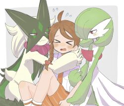 1girl blush braid brown_eyes brown_hair closed_eyes closed_mouth collared_shirt gardevoir gen_3_pokemon han0579 highres holding hug juliana_(pokemon) meowscarada naranja_academy_school_uniform necktie nintendo open_mouth orange_necktie orange_shorts pokemon pokemon_(creature) pokemon_sv school_uniform shirt short_sleeves shorts white_shirt
