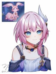 Rule 34 | 1girl, blue eyes, breasts, coat, collarbone, cropped torso, cyrene (honkai: star rail), dress, hair ornament, highres, honkai: star rail, honkai (series), jewelry, medium hair, mem (honkai: star rail), multicolored hair, necklace, om rm1101, pink hair, purple coat, reference inset, screenshot inset, simple background, small breasts, smile, solo, twitter username, two-tone hair, white background, white dress, white hair