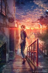 Rule 34 | 1boy, after rain, ahoge, bag, black hair, black pants, blush, building, closed eyes, cloud, cloudy sky, copyright notice, earrings, from behind, gradient sky, grey shirt, hand up, highres, holding, holding bag, holostars, house, jewelry, lamppost, lens flare, looking back, male focus, mebaru, mole, mole under eye, multicolored hair, official art, open mouth, orange hair, orange legwear, pants, parted bangs, plant, plastic bag, puddle, scenery, shiny footwear, shirt, shopping bag, sky, sleeves rolled up, smile, solo, spread fingers, stairs, streaked hair, stud earrings, sunset, tree, vest, vines, virtual youtuber, waistcoat, walking, water pump, waving, window, yukoku roberu