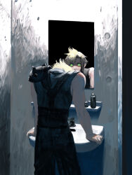 1boy armor bathroom blonde_hair blue_pants blue_shirt cloud_strife commentary_request different_reflection feet_out_of_frame final_fantasy final_fantasy_vii glowing glowing_eyes green_eyes head_down highres male_focus mirror pants parted_hair pauldrons reflection shirt short_hair shoulder_armor single_pauldron sink sleeveless sleeveless_shirt slit_pupils suspenders user_juum7353