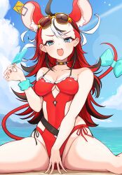 1girl absurdres animal_ear_fluff animal_ears bare_arms bare_shoulders beach bitten_popsicle black_hair blue_bow blue_eyes blue_scrunchie blue_sky blush bow breasts bright_pupils choker cleavage cloud commentary cutout_above_navel day english_commentary eyewear_on_head fang food h4kuuua_0 hakos_baelz hakos_baelz_(holonatsu_paradise) hand_up highres holding holding_food holding_popsicle hololive hololive_english long_hair looking_at_viewer medium_breasts mouse_ears mouse_girl mouse_tail mousetrap multicolored_hair ocean official_alternate_costume one-piece_swimsuit open_mouth outdoors popsicle red_hair red_one-piece_swimsuit scrunchie sitting skin_fang sky solo spiked_choker spikes streaked_hair sunglasses swimsuit tail tail_bow tail_ornament v-shaped_eyebrows very_long_hair virtual_youtuber white_hair white_pupils wrist_scrunchie