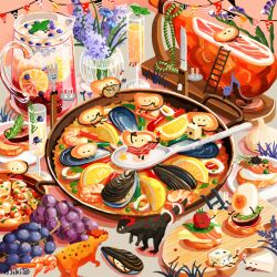 artist_name banana black_cat blueberry bowl bug cat chair crab cup drinking_glass egg egg_(food) fish flower food food_focus fork fruit glass grapes issiki_toaki knife ladder leaf lemon lemon_slice meat mushroom musical_note no_humans orange_(fruit) orange_slice original paella plate rabbit shrimp soup spoon string_of_flags