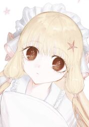 1girl bad_id bad_twitter_id blonde_hair brown_eyes chii chobits closed_mouth expressionless fcx4l frilled_shirt_collar frills hair_ornament hair_tubes head_tilt highres inactive_account long_hair looking_at_viewer maid_headdress portrait robot_ears shirt sidelocks simple_background solo star_(symbol) star_hair_ornament star_in_eye symbol_in_eye white_shirt