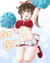 1girl ;d armpits bare_shoulders blue_background blush breasts brown_eyes brown_hair cheerleader commentary_request gradient_background hair_ribbon kozue_akari long_hair looking_at_viewer medium_breasts miniskirt navel one_eye_closed open_mouth original panties pink_ribbon pleated_skirt pom_pom_(cheerleading) ponytail red_shoes ribbon shoes skirt smile socks solo underwear white_background white_panties white_skirt white_socks
