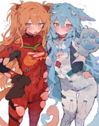 Rule 34 | 2girls, absurdres, animal ears, animal hands, ayanami rei, blue eyes, blue hair, blush, bodysuit, breasts, brown hair, bunchi, cat ears, cat tail, cleavage, closed mouth, commentary request, covered navel, dot mouth, fang, gluteal fold, highres, kemonomimi mode, long hair, mecha pilot suit, multiple girls, neon genesis evangelion, open mouth, plugsuit (evangelion), red bodysuit, red eyes, simple background, skin fang, small breasts, souryuu asuka langley, tail, torn bodysuit, torn clothes, white background