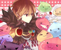 1boy :3 angeling archangeling argyle_clothes argyle_shirt brown_hair closed_mouth commentary deviling drops_(ragnarok_online) earrings frown fur_collar ghostring hair_between_eyes halo hat jewelry male_focus marin_(ragnarok_online) pink_background poring ragnarok_online red_eyes santa_hat shibataya shirt short_hair slime_(creature) solo sorcerer_(ragnarok_online) symbol-only_commentary traditional_halo upper_body white_shirt yellow_halo