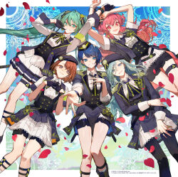 5girls armband arms_up ascot beret black_ascot black_bow black_bowtie black_gloves black_hair black_shorts black_vest blue_background blue_eyes blue_hair bow bowtie brown_hair closed_mouth commentary_request copyright_notice feet_out_of_frame gloves gradient_background green_background green_eyes green_hair grin hanasato_minori hand_on_own_chest hands_on_own_chest hat hatsune_miku hinomori_shizuku jacket kiritani_haruka long_hair looking_at_viewer lying momoi_airi more_more_jump!_(project_sekai) multiple_girls nozaki_tsubata official_art on_back open_mouth outstretched_arms patterned_background peaked_cap pink_eyes pink_hair pleated_skirt project_sekai purple_jacket reaching reaching_towards_viewer shirt short_sleeves shorts shorts_under_skirt skirt sleeveless sleeveless_jacket smile striped_ascot striped_bow striped_bowtie striped_clothes thigh_strap twintails very_long_hair vest white_shirt white_skirt yellow_ascot yellow_bow yellow_bowtie