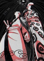 Rule 34 | 2boys, chonmage, denjirou (one piece), earrings, feet out of frame, from below, highres, japanese clothes, jewelry, kimono, larugo0513, male focus, multiple boys, one piece, pompadour, roronoa zoro, sash, sideburns, size difference, sword, topknot, twitter username, weapon