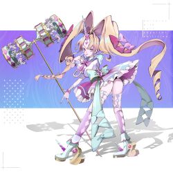 1girl :p absurdres ass blonde_hair blue_bow blue_shoes bow braid colored_eyelashes commentary drill_hair english_commentary english_text forehead_jewel frilled_skirt frills full_body gem hair_bow hammer heart highres horseshoe long_hair mamiya_miya original outside_border pillarboxed pink_bow pink_nails pink_skirt puffy_short_sleeves puffy_sleeves purple_eyes purple_gemstone purple_sailor_collar purple_socks sailor_collar school_uniform serafuku shadow shirt shoes short_sleeves skirt socks solo tongue tongue_out twintails unicorn_horn very_long_hair white_shirt