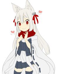 Rule 34 | 1girl, adapted costume, animal ears, bell, black skirt, black thighhighs, blush, bow, closed mouth, commentary request, cowboy shot, fox ears, fox girl, hair bell, hair bow, hair ornament, heart, japanese clothes, jingle bell, kimono, long hair, looking at viewer, meiko (nattu303), miniskirt, ninja (ragnarok online), pleated skirt, ragnarok online, red bow, red eyes, red scarf, scarf, simple background, skirt, smile, solo, thick eyebrows, thighhighs, white background, white hair, white kimono