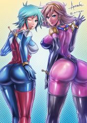 2girls allenby_beardsley amasaki_yusuke ass bent_over blue_bodysuit blue_hair bodysuit breasts brown_hair earrings g_gundam green_eyes gundam hairband huge_ass jewelry large_breasts looking_back mecha_pilot_suit mobile_trace_suit multiple_girls one_eye_closed rain_mikamura short_hair skin_tight