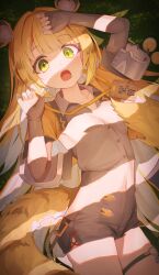 1girl :o absurdres animal_ear_fluff animal_ears artist_name blonde_hair blush breasts cleavage dappled_sunlight fang fingerless_gloves gloves green_eyes highres huge_filesize ju_fufu kdsgame02 loli long_hair looking_at_viewer navel revealing_layer signature small_breasts solo sunlight tail thigh_strap tiger_ears tiger_tail very_long_hair zenless_zone_zero