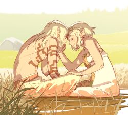 Rule 34 | 1boy, 1girl, 55bata6rou, arm tattoo, blonde hair, chest tattoo, dress, earrings, face-to-face, facing another, forehead-to-forehead, from side, full body, grass, hand on another&#039;s face, heads together, highres, jewelry, link, long hair, looking at another, nintendo, outdoors, pants, pointy ears, princess zelda, profile, ripples, rock, short hair, sitting, sitting on water, sky, smile, tattoo, the legend of zelda, the legend of zelda: breath of the wild, water, wet, wet clothes, wet pants, white dress, white pants