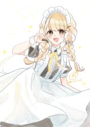 1girl :d apron black_dress braid collared_dress commentary_request dress fang fujita_kotone gakuen_idolmaster hand_up highres idolmaster long_hair low_twintails maid maid_headdress open_mouth puffy_short_sleeves puffy_sleeves rino_cnc short_sleeves simple_background smile solo star_(symbol) twin_braids twintails twitter_username v v_over_eye very_long_hair white_apron white_background