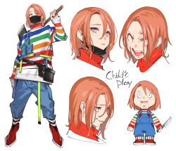 1boy axe bishounen blood blue_eyes reference_sheet child&#039;s_play chucky copyright_name doll multiple_expressions freckles humanization knife male_focus mask mouth_mask mullet popqn red_footwear shirt simple_background striped_clothes striped_shirt surgical_mask tool_belt white_background