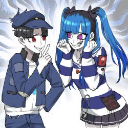 1boy 1girl amemiya_darumi black_bow black_hair black_skirt blue_hair blue_jacket blue_pants blue_shirt blue_stripes bow collar collarbone grin hair_bow hand_up hands_up heart highres jacket long_hair makeup maruko_gaku multicolored_hair open_mouth pants pink_eyes pleated_skirt red_bow red_eyes runny_makeup safety_pin shirt simple_background skirt smile teeth the_hundred_line_-last_defense_academy- twintails white_background white_shirt white_stripes