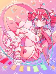 1girl :o ahoge alternate_costume armband baguette bandaid bandaid_on_cheek bandaid_on_face blush bread choker crossed_ankles drill_hair food full_body gradient_background hair_ornament hairclip headphones heart heart_choker hugging_own_legs jacket kasane_teto kasane_teto_(sv) looking_at_viewer parted_lips pink_jacket pink_shoes pink_skirt pink_thighhighs pleated_skirt red_choker red_eyes red_hair sailor_collar shoes skirt solo star_(symbol) synthesizer_v thighhighs twin_drills two-tone_background utau yuusuke-kun