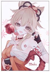 Rule 34 | 1girl, 4xcho, absurdres, arm tattoo, bandaged arm, bandages, blonde hair, breasts, butterfly choker, chest sarashi, chest tattoo, cleavage, commentary request, fingerless gloves, fingernails, genshin impact, gloves, hadanugi dousa, hair between eyes, hair ornament, hand on own thigh, hand up, head tilt, highres, holding, japanese clothes, kimono, long fingernails, long hair, looking at viewer, medium breasts, nail polish, open kimono, open mouth, orange kimono, red nails, sarashi, single bare shoulder, single glove, smile, solo, tattoo, teeth, twitter username, upper body, upper teeth only, v, v over eye, yellow eyes, yoimiya (genshin impact)