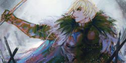 Rule 34 | 1boy, arm up, armor, black armor, black fur, blonde hair, blue cape, blue eyes, breastplate, cape, commentary, dimitri alexandre blaiddyd, dimitri alexandre blaiddyd (timeskip), fire emblem, fire emblem: three houses, fur trim, gauntlets, hashtag-only commentary, holding, holding polearm, holding weapon, lno408, male focus, nintendo, parted lips, polearm, profile, snowing, solo, teeth, upper body, weapon, white fur