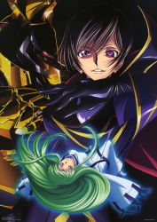 1boy 1girl absurdres black_hair bodysuit breasts c.c. cape chiba_yuriko code_geass facial_mark forehead_mark gawain_(code_geass) geass gloves green_hair grin high_heels highres lelouch_vi_britannia long_hair long_sleeves mecha nakada_eiji nakata_eiji official_art projected_inset purple_eyes red_eyes robot scan shoes short_hair smile straitjacket yellow_eyes zero_(code_geass)