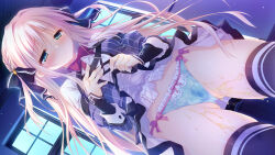 1girl black_bow black_thighhighs blonde_hair blue_panties blush bow bowtie braid breasts closed_mouth clothes_lift dark dress dress_lift dutch_angle embarrassed frilled_shirt_collar frills frown game_cg gluteal_fold green_eyes hair_bow hand_on_own_chest highres indoors lifting_own_clothes long_hair otome_domain panties pee peeing peeing_self photoshop_(medium) red_bow red_bowtie saionji_kazari school_uniform small_breasts solo tatekawa_mako thighhighs underwear wet wet_clothes wet_panties window