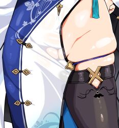 1girl aogiri_koukou china_dress chinese_clothes close-up clothing_cutout dress harusame_urame hip_focus kanikama no_panties pussy see-through_clothes skindentation solo tassel thighhighs virtual_youtuber