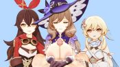 1boy 3d 3girls amber_(genshin_impact) animated batesz black_gloves blonde_hair blue_background blush breasts breasts_out brown_eyes brown_gloves brown_hair cleavage closed_mouth clothed_female_nude_male collarbone crossed_bangs detached_sleeves dress erection flower genshin_impact gloves goggles goggles_around_neck green_eyes hair_between_eyes hair_flower hair_ornament hair_ribbon half-closed_eyes halterneck hand_on_another&#039;s_thigh hat hat_flower hetero jewelry large_breasts large_penis light_brown_hair lisa_(genshin_impact) long_hair long_sleeves looking_at_viewer looping_animation lumine_(genshin_impact) lying mihoyo multiple_girls nipples nude on_back paizuri penis pouch pov purple_dress purple_flower purple_headwear red_ribbon ribbon shrug_(clothing) simple_background sleeves_past_wrists small_breasts smile source_filmmaker_(medium) staring uncensored upper_body video white_background white_dress white_flower white_sleeves witch_hat