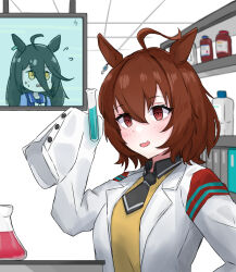 2girls agnes_tachyon_(umamusume) binder black_necktie black_shirt blush bow bowtie chemical_structure coat collared_shirt earrings erlenmeyer_flask flask hair_between_eyes hand_up highres holding holding_test_tube indoors jewelry lab_coat long_sleeves manhattan_cafe_(umamusume) mitsune_(3chune) multiple_girls necktie parted_lips purple_sailor_collar purple_shirt red_eyes sailor_collar school_uniform shell shirt short_necktie single_earring sleeves_past_fingers sleeves_past_wrists solo sweater test_tube tracen_school_uniform umamusume upper_body variant_set white_bow white_bowtie white_coat yellow_eyes yellow_sweater