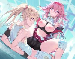 1boy 1girl absurdres aether_(genshin_impact) ahoge alternate_costume animal_ears armband bare_shoulders between_breasts bike_shorts_under_skirt black_shorts black_undershirt blonde_hair blush breasts breasts_out cameltoe clothes_between_breasts clothes_lift clothes_pull crop_top floppy_ears fox_ears genshin_impact girl_on_top hair_between_eyes hair_ribbon hairband hashtag-only_commentary highres jacket knee_pads large_breasts long_hair looking_at_another lying midriff navel nipples off_shoulder on_back parted_lips pink_hair pleated_skirt ponytail purple_eyes reclining red_hairband red_skirt ribbon shirt_lift shoes shorts shorts_pull signature skirt skirt_lift smile sneakers spread_legs straddling sweat tank_top tassel thighs turtleneck very_long_hair wavy_mouth whistle whistle_around_neck white_jacket white_shoes white_shorts white_tank_top wristband xinliu_asato yae_miko yae_miko_(pulse+) yellow_eyes