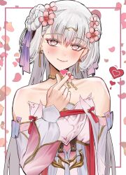 Rule 34 | 1girl, absurdres, anoreika tomoe, bare shoulders, closed mouth, commentary, detached sleeves, english commentary, finger heart, flower, flower-shaped pupils, hair flower, hair ornament, hair ribbon, heart, highres, jinhsi (peach blossom) (wuthering waves), jinhsi (wuthering waves), long hair, looking at viewer, mole, mole on cheek, official alternate costume, pink flower, pink petals, pink pupils, purple ribbon, ribbon, smile, solo, symbol-shaped pupils, upper body, very long hair, white eyes, white hair, wuthering waves