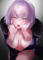 1girl black_coat breasts coat commentary_request fate/grand_order fate_(series) fur-trimmed_coat fur_trim grey_hair hand_in_another&#039;s_mouth hand_on_another&#039;s_face highres jeanne_d&#039;arc_alter_(avenger)_(fate) jeanne_d&#039;arc_alter_(fate) jeanne_d&#039;arc_alter_(ver._shinjuku_1999)_(fate) jewelry large_breasts looking_at_viewer navel necklace open_clothes open_coat open_mouth pov sow_graden429 yellow_eyes