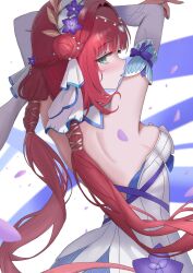 Rule 34 | 1girl, aqua nails, backless dress, backless outfit, blush, braid, breasts, clipse, dress, flower hairband, genshin impact, green eyes, hair bun, hair ornament, highres, large breasts, long hair, long sleeves, looking at another, looking back, nilou (breeze of sabaa) (genshin impact), nilou (genshin impact), official alternate costume, official alternate hairstyle, open mouth, red hair, sideboob, solo, twintails, white dress