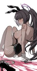 Rule 34 | 1girl, absurdres, animal ears, ass, black leotard, blue archive, dark-skinned female, dark skin, detached collar, fake animal ears, fishnet pantyhose, fishnets, halo, highres, karin (blue archive), karin (bunny) (blue archive), leotard, liminal0803, official alternate costume, pantyhose, playboy bunny, purple halo, rabbit ears, rabbit tail, solo, strapless, tail