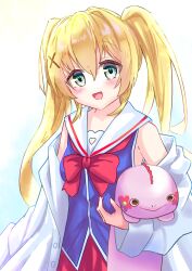 1girl :d bare_shoulders blonde_hair bloom blue_shirt blush bow bowtie coat commentary_request cosplay cowboy_shot green_eyes hair_intakes hair_ornament happy highres holding holding_stuffed_toy irotoridori_no_sekai lab_coat long_hair looking_at_viewer nikaidou_shinku nikaidou_shinku_(cosplay) open_clothes open_coat open_mouth oversized_clothes red_bow red_bowtie red_skirt sailor_collar school_uniform serafuku shirt sidelighting sidelocks simple_background skirt sleeveless sleeveless_shirt smile solo stuffed_animal stuffed_toy summer_pockets tsumugi_wenders twintails user_crrh7845 white_background white_sailor_collar x_hair_ornament