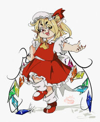 1girl artist_name ascot blonde_hair blush bow crystal dinosaur embodiment_of_scarlet_devil fingernails flandre_scarlet hat highres long_hair looking_at_viewer mob_cap nail_polish noctiilio open_mouth pointy_ears puffy_short_sleeves puffy_sleeves red_eyes red_nails ribbon shirt short_hair short_sleeves side_ponytail skirt smile solo speedpaint standing standing_on_one_leg touhou vest wings