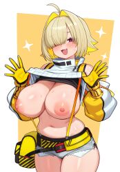 1girl :3 absurdres bare_shoulders blonde_hair blush border breasts cleavage clothes_lift colored_inner_hair commentary cowboy_shot cropped_sweater curvy detached_sleeves elegg_(nikke) english_commentary exposed_pocket fang gloves goddess_of_victory:_nikke grey_shorts hair_intakes hair_over_one_eye hands_up highres large_breasts lifting_own_clothes long_sleeves looking_at_viewer micro_shorts moursho multicolored_gloves multicolored_hair navel nipples no_bra open_mouth outside_border puffy_long_sleeves puffy_sleeves purple_eyes short_hair shorts skindentation smile solo sparkle stomach suspender_shorts suspenders sweater sweater_lift thick_thighs thighs turtleneck turtleneck_sweater two-sided_gloves white_border white_sweater yellow_background yellow_gloves