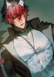 1boy absurdres animal_ear_fluff animal_ears black_choker black_hair black_jacket choker closed_mouth collarbone collared_jacket covered_abs covered_pectorals crew_neck crossed_bangs dutch_angle hair_between_eyes highres impossible_clothes jacket jewelry komano_manato large_pectorals looking_down male_focus multicolored_hair muscular muscular_male necklace open_clothes open_jacket pectorals red_hair shinose01 shirt solo upper_body white_shirt yellow_eyes zenless_zone_zero