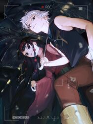 1boy 1girl absurdres alluka_zoldyck alternate_costume black_hair blue_eyes dongzak_o0 flat_cap hair_ornament hairband hand_in_pocket hat highres holding holding_umbrella hunter_x_hunter killua_zoldyck long_hair long_sleeves looking_at_viewer multi-tied_hair short_hair siblings smile spiked_hair tank_top umbrella very_long_hair viewfinder white_hair