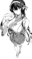 1girl arm_at_side bare_shoulders breasts closed_mouth detached_sleeves greyscale hairband haite_kudasai_takamine-san hand_up highres hiiragi_yuuichi large_breasts long_hair looking_at_viewer monochrome nontraditional_miko sandals sideboob simple_background skirt solo takamine_takane tassel white_background wide_sleeves