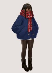 Rule 34 | 1girl, ahoge, black boots, black hair, black pantyhose, blue coat, boots, coat, covered mouth, dark-skinned female, dark elf, dark skin, elf, full body, grey background, hair between eyes, hands in pockets, highres, long hair, looking at viewer, orange eyes, original, pantyhose, plaid clothes, plaid scarf, pointy ears, red scarf, scarf, simple background, solo, standing, sunna (nilsunna), winter clothes, winter coat